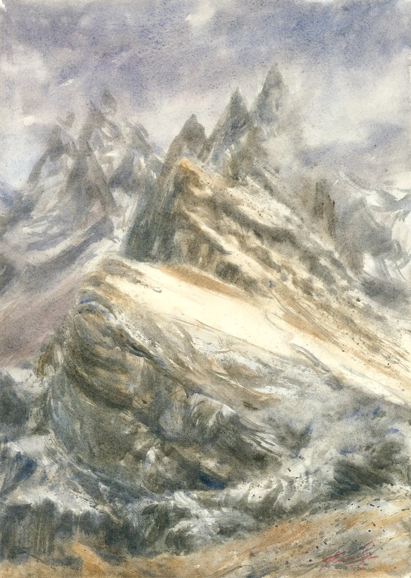 Snow-laden Dolomite peaks stand quietly under a cold grey sky — a still, solitary scene built for a quiet mind and time alone in the mountains.