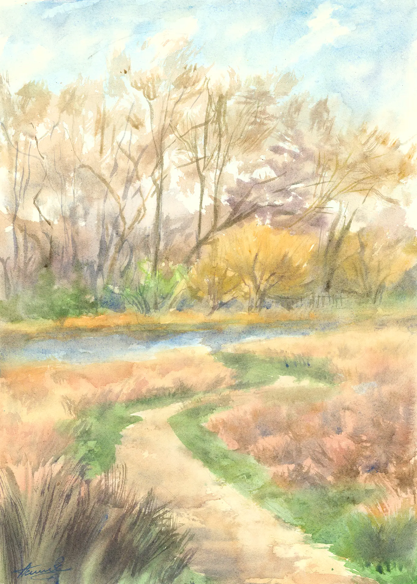 A grassy path winding past a brook through Richmond Park, bare trees catching the first warmth, on a clear early-spring afternoon.