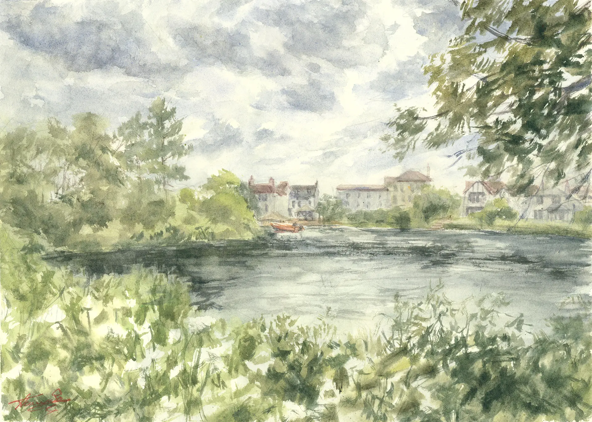 The Thames at Twickenham under gathering cloud, looking towards Eel Pie Island before the rain.