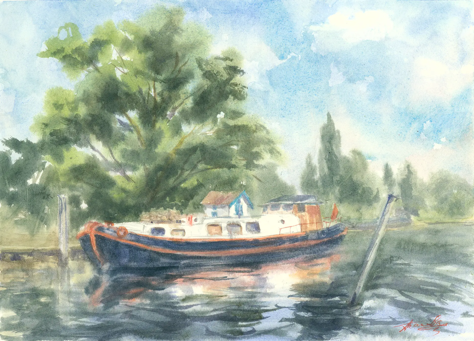 A traditional boat moored on the Thames near Steven's Eyot at Kingston, under summer trees.
