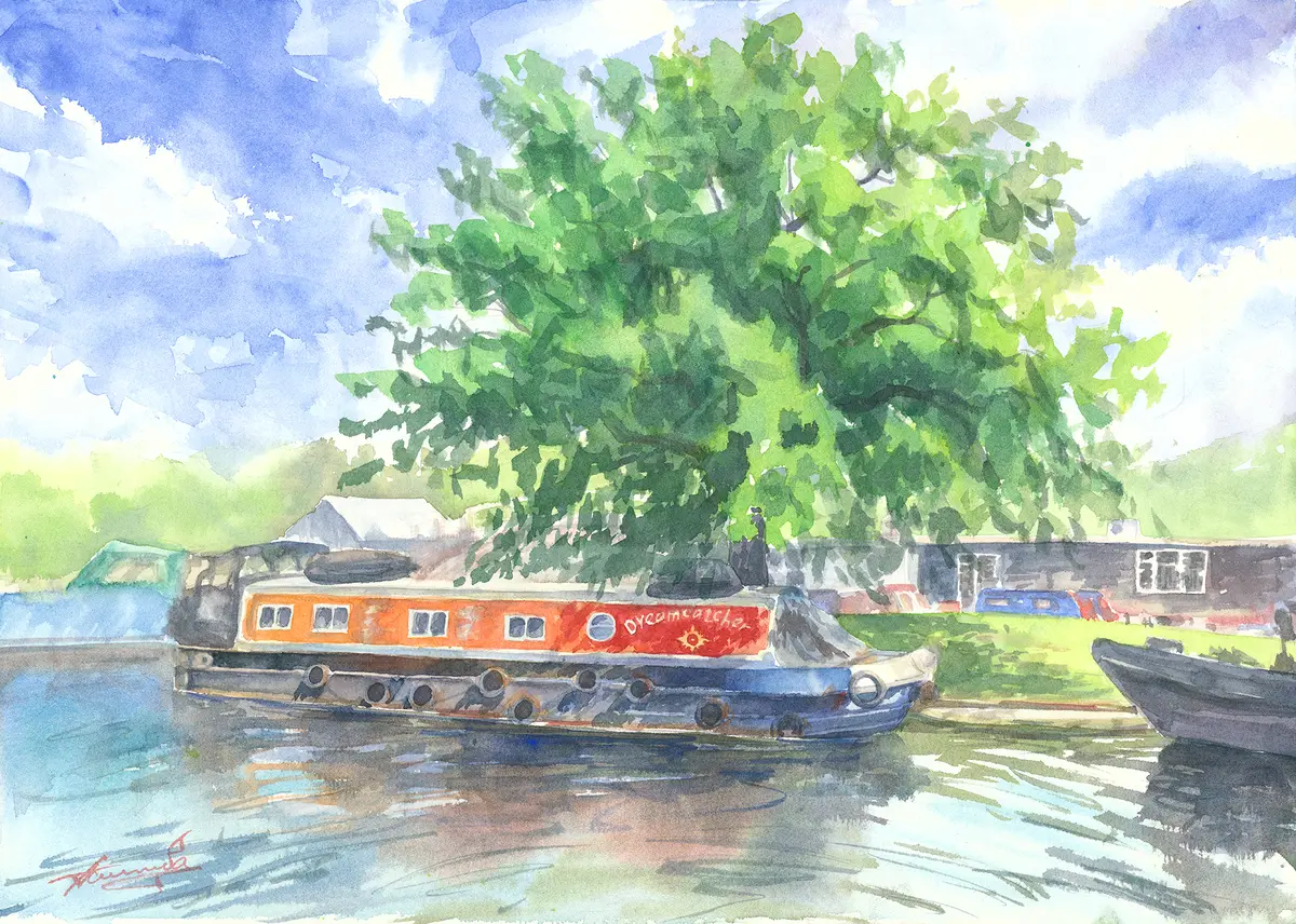 Narrowboat at Colne Valley, an original watercolour painting by Nadia Poe