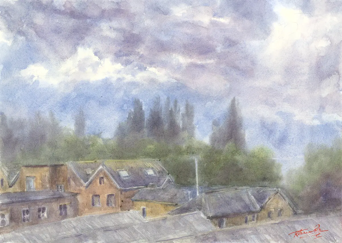 Evening in the City, an original watercolour painting by Nadia Poe