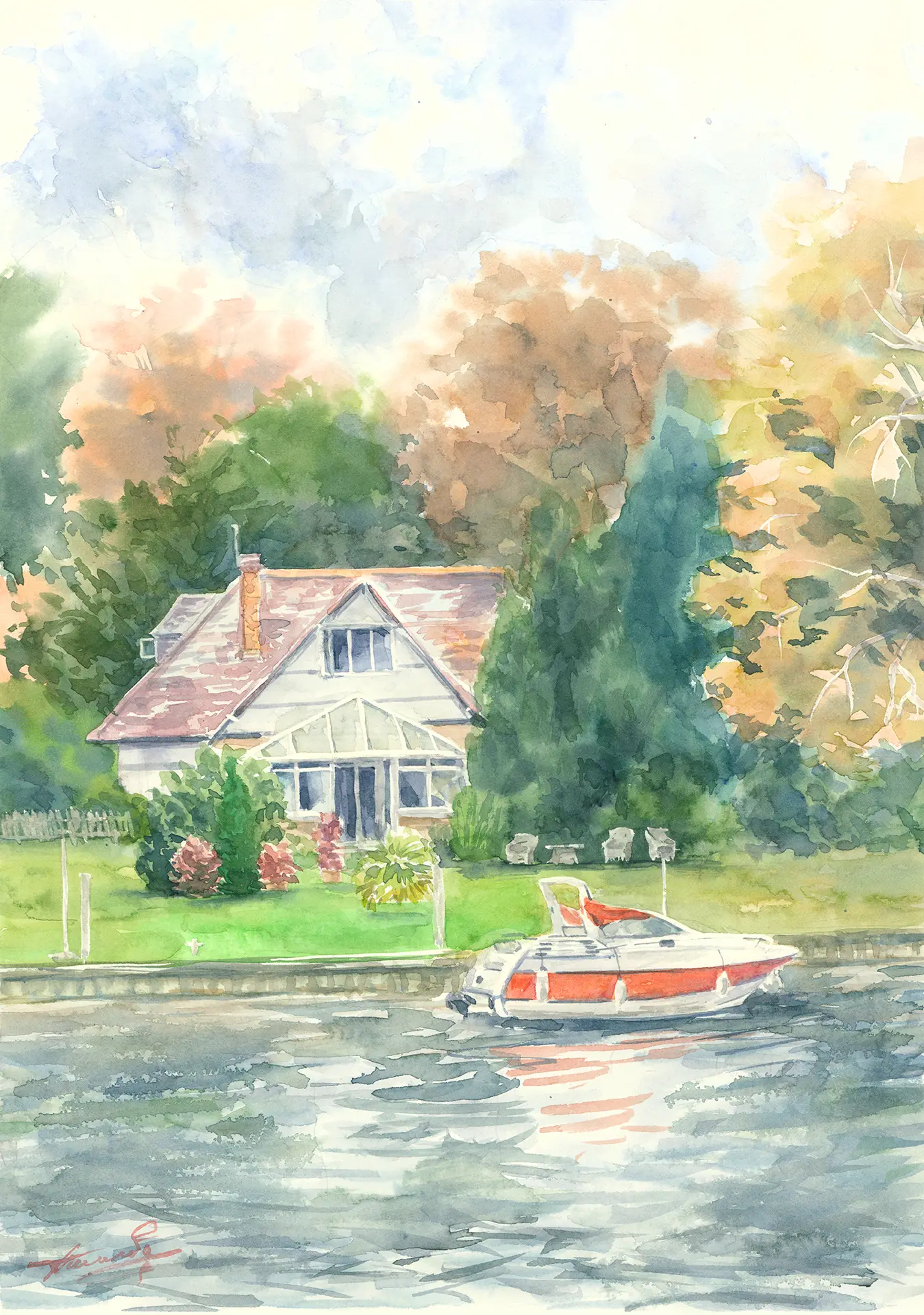 A riverside cottage on the Thames at Staines, autumn warming the trees behind, a small red-and-white motorboat drifting past on still water.