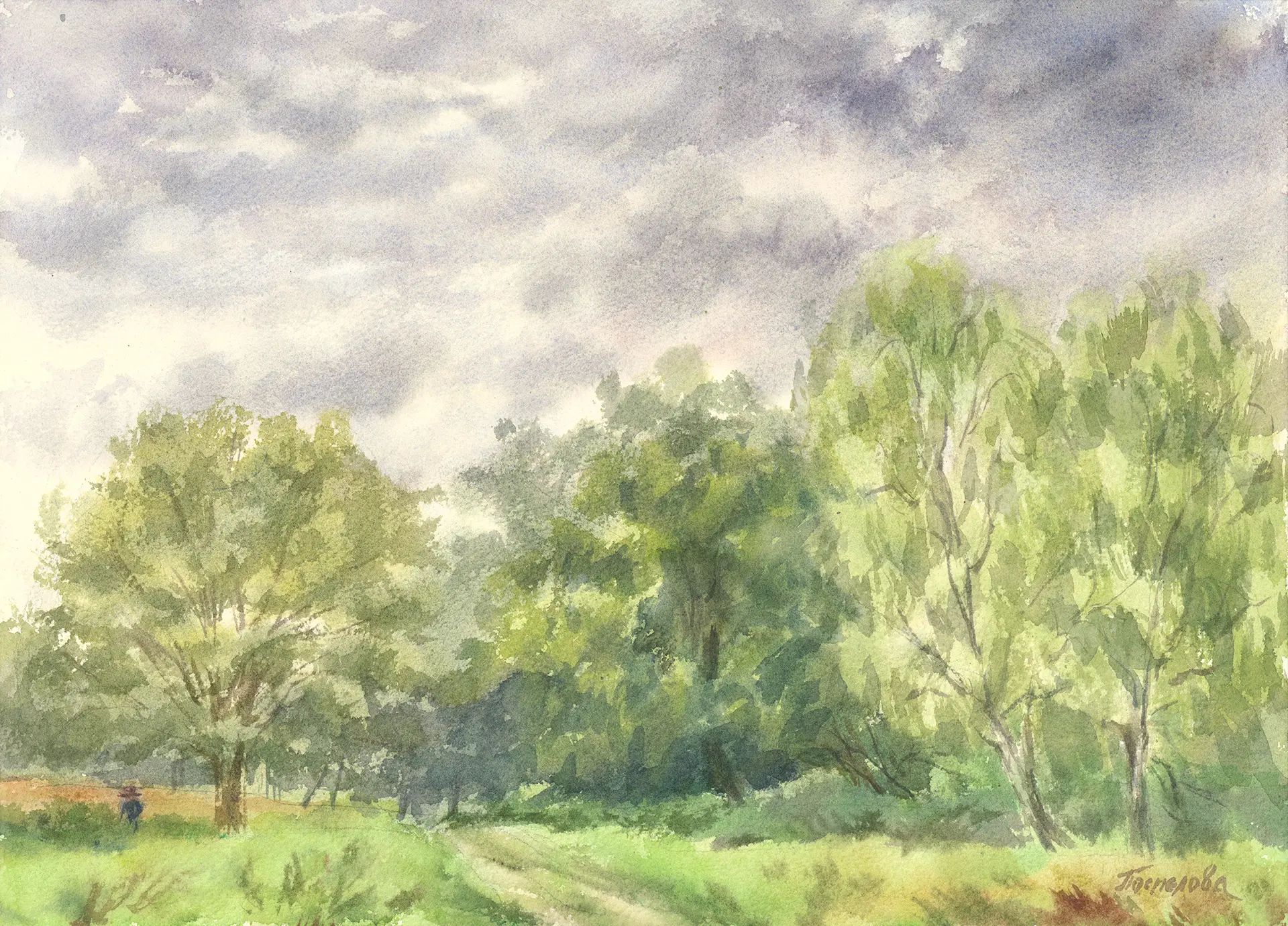 A summer meadow path in Richmond Park under a heavy late-afternoon sky, wind in the trees, grass gone tall — the park alive with its own weather.