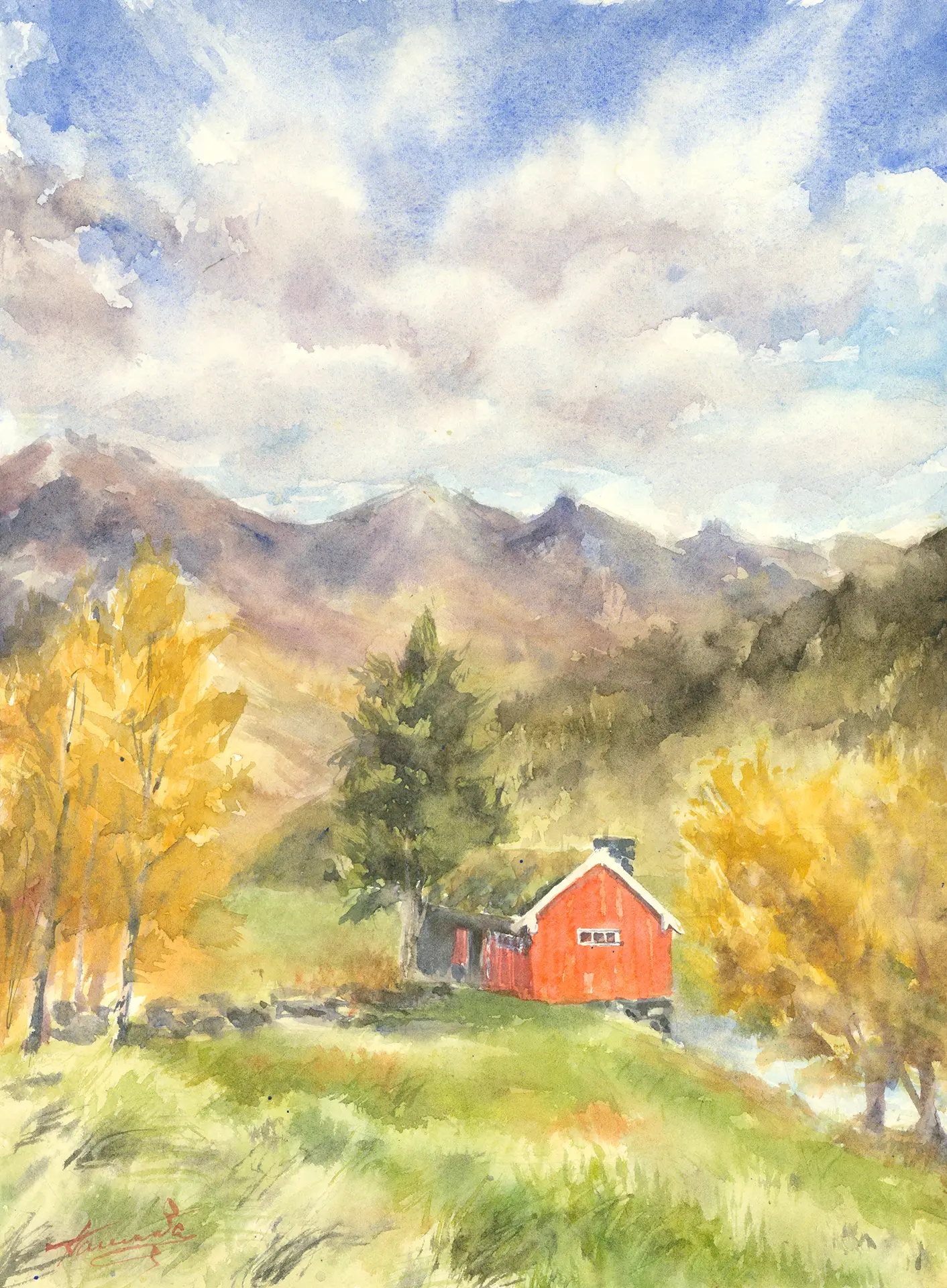 A red wooden cabin with a turf roof sits among golden autumn birches in Øksendal, the Norwegian mountains rising softly behind under a wide cumulus sky.