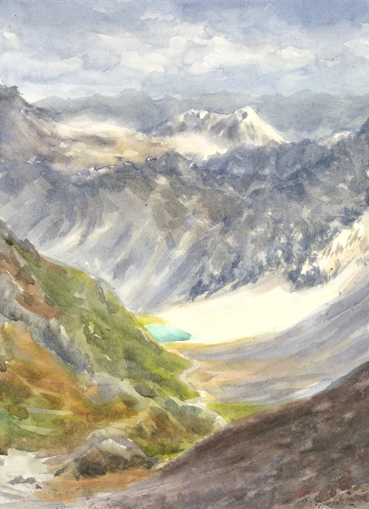 Swiss Alpine Tarn, an original watercolour painting by Nadia Poe
