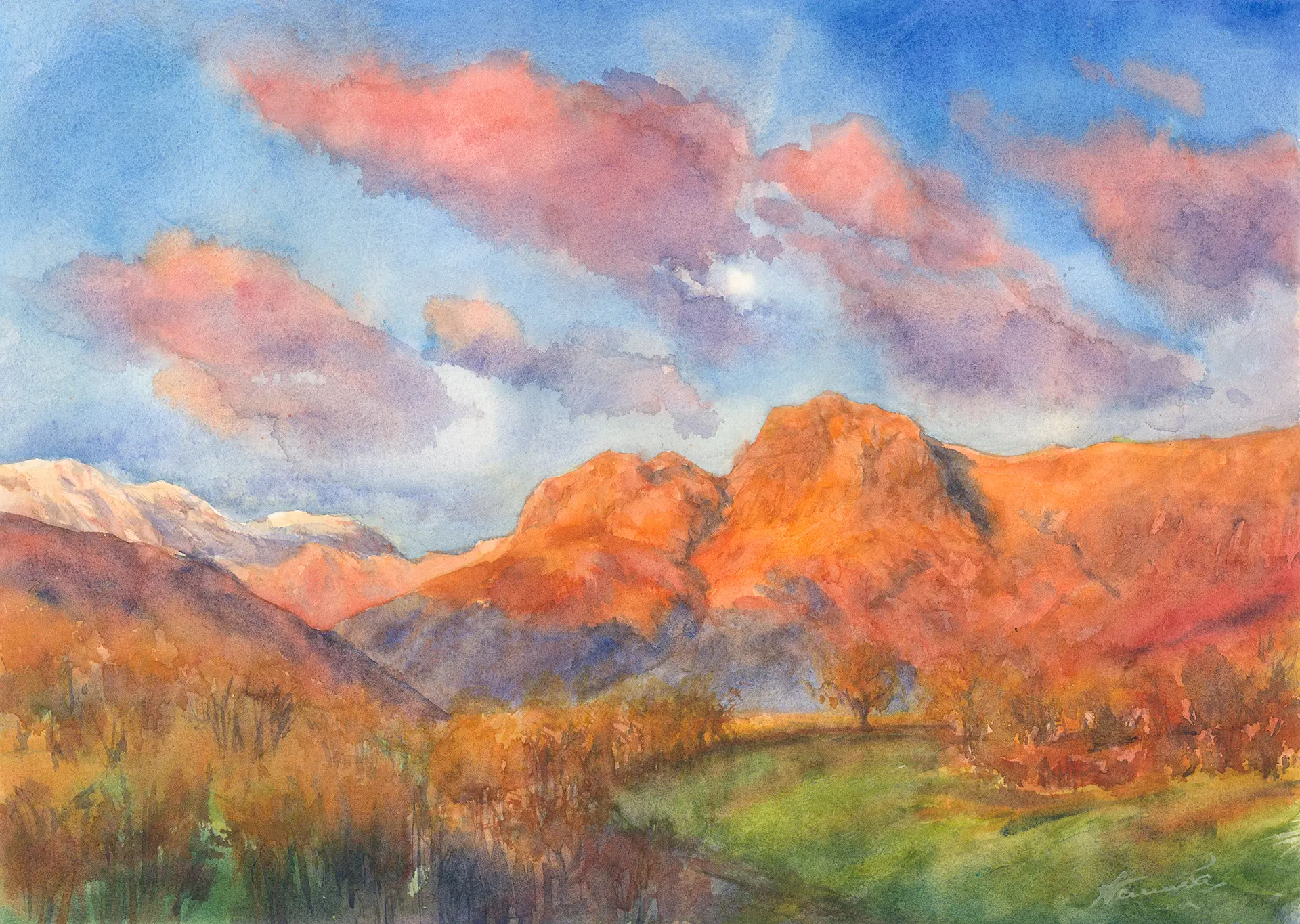 The Langdale Pikes at sunset, their slopes ablaze with orange and deep red, beneath a sweeping sky of cobalt blue and rose-tinted cloud.