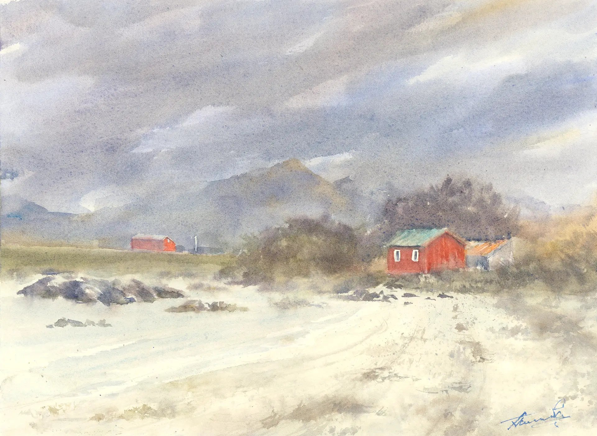 Two red Norwegian houses sit on a wild Vesterålen shore, a dark mountain rising behind them under a stormy Arctic sky and wind sweeping the pale sand.