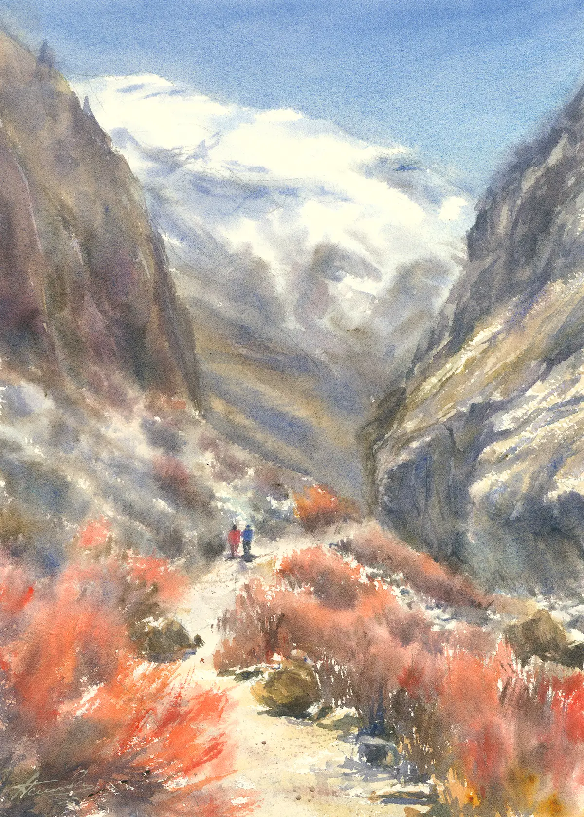 On the Trail, Nepal, an original watercolour painting by Nadia Poe