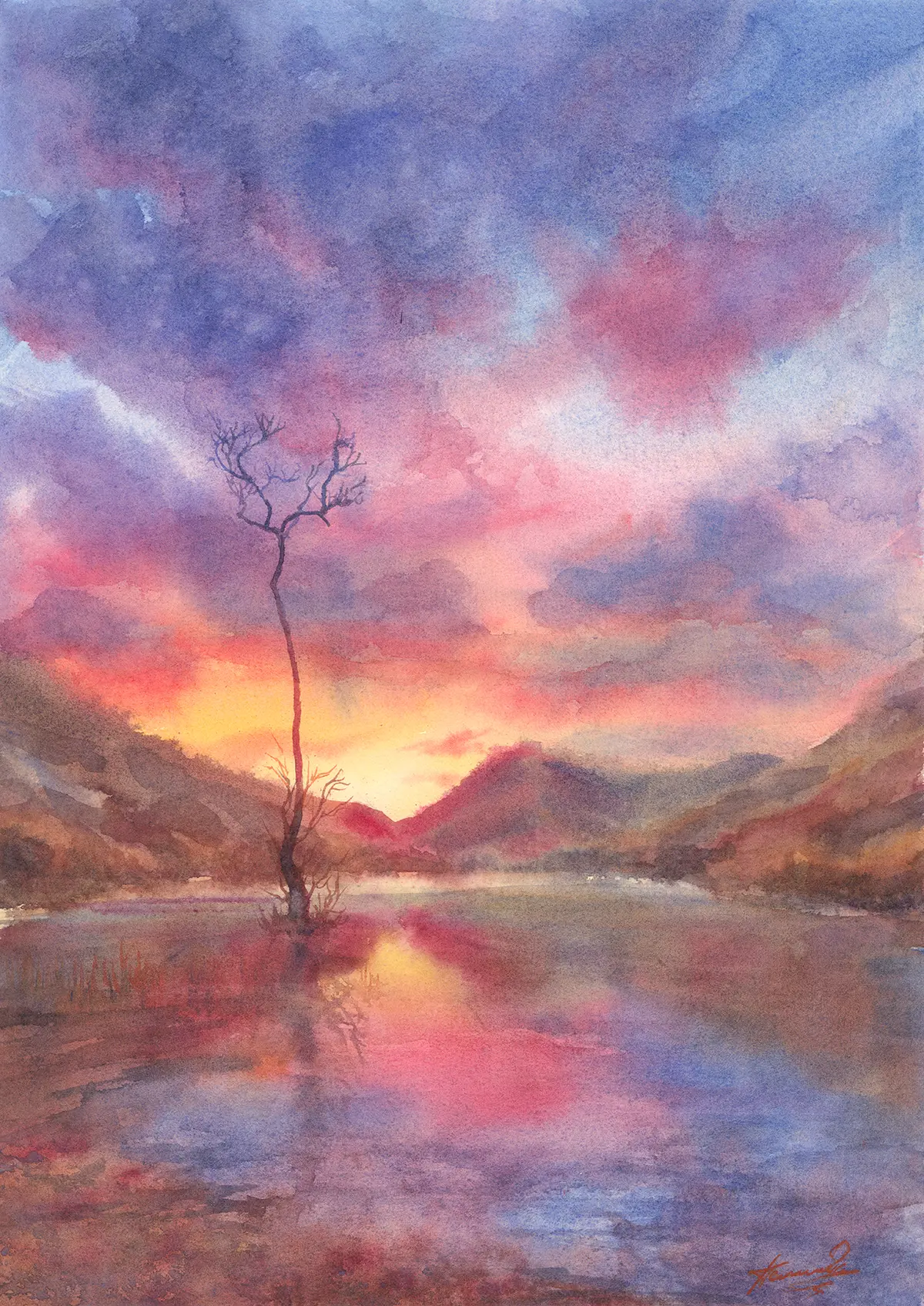 The Lone Tree, Buttermere, an original watercolour painting by Nadia Poe