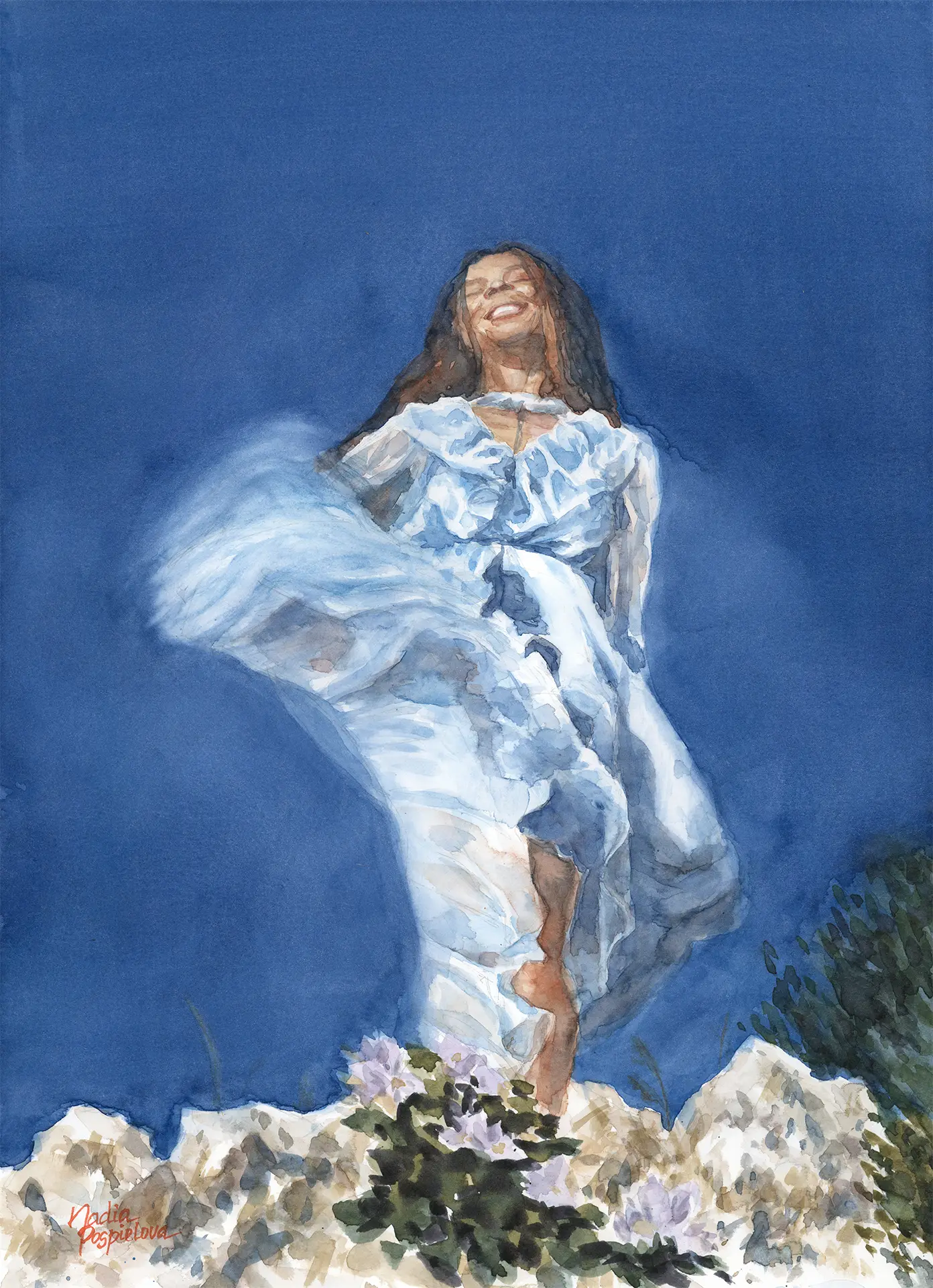 A young woman in a windblown white dress laughs on a rocky outcrop, hair lifted by the breeze, the deep blue sea behind and small purple wildflowers at her feet.