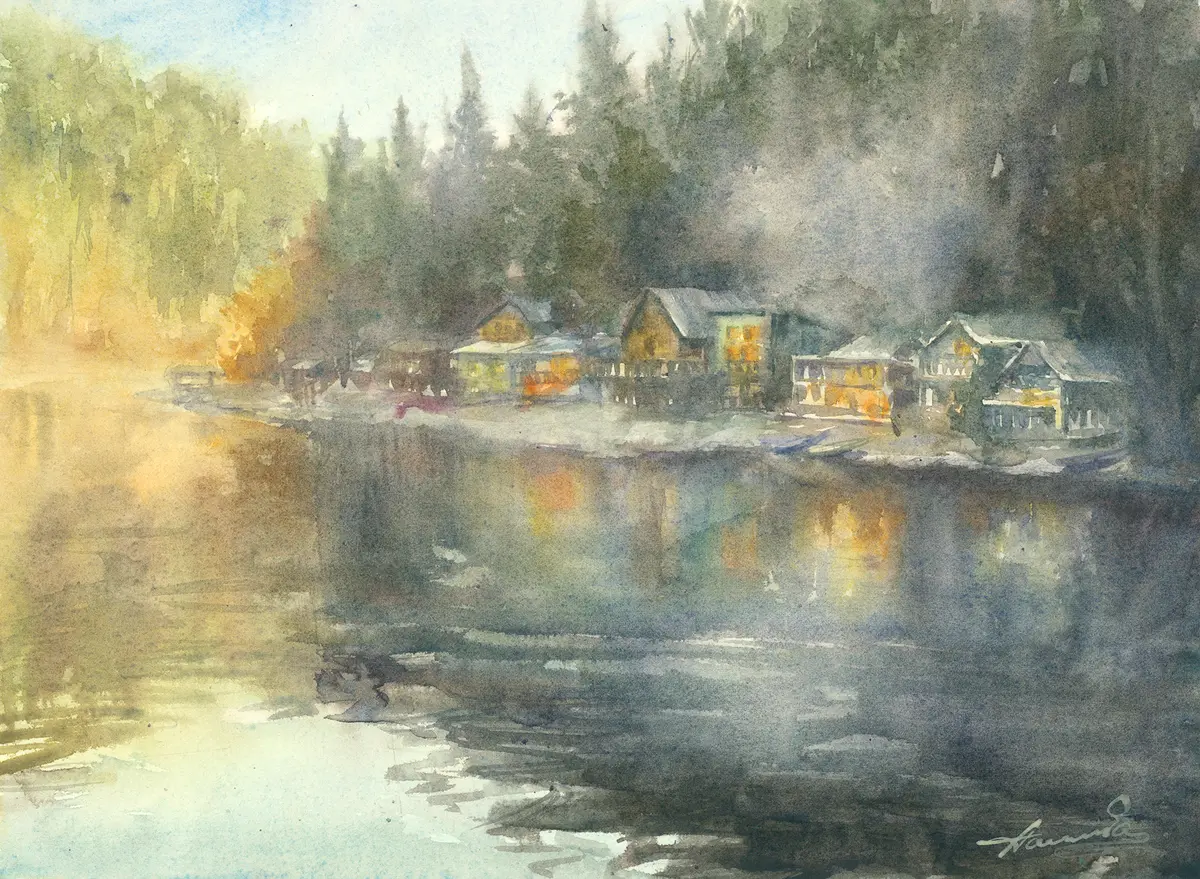 Cabins on the Lake, an original watercolour painting by Nadia Poe