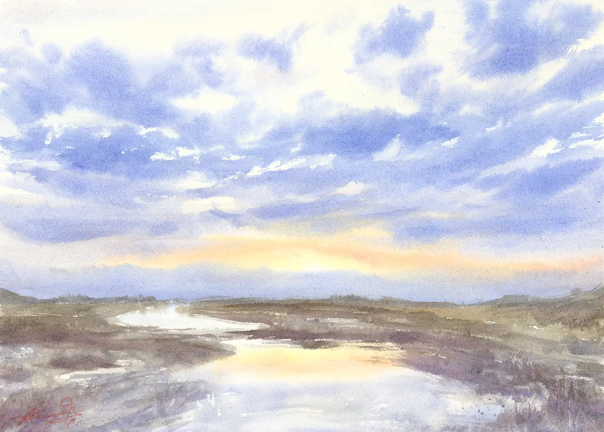 Estuary Sunset, an original watercolour painting by Nadia Poe