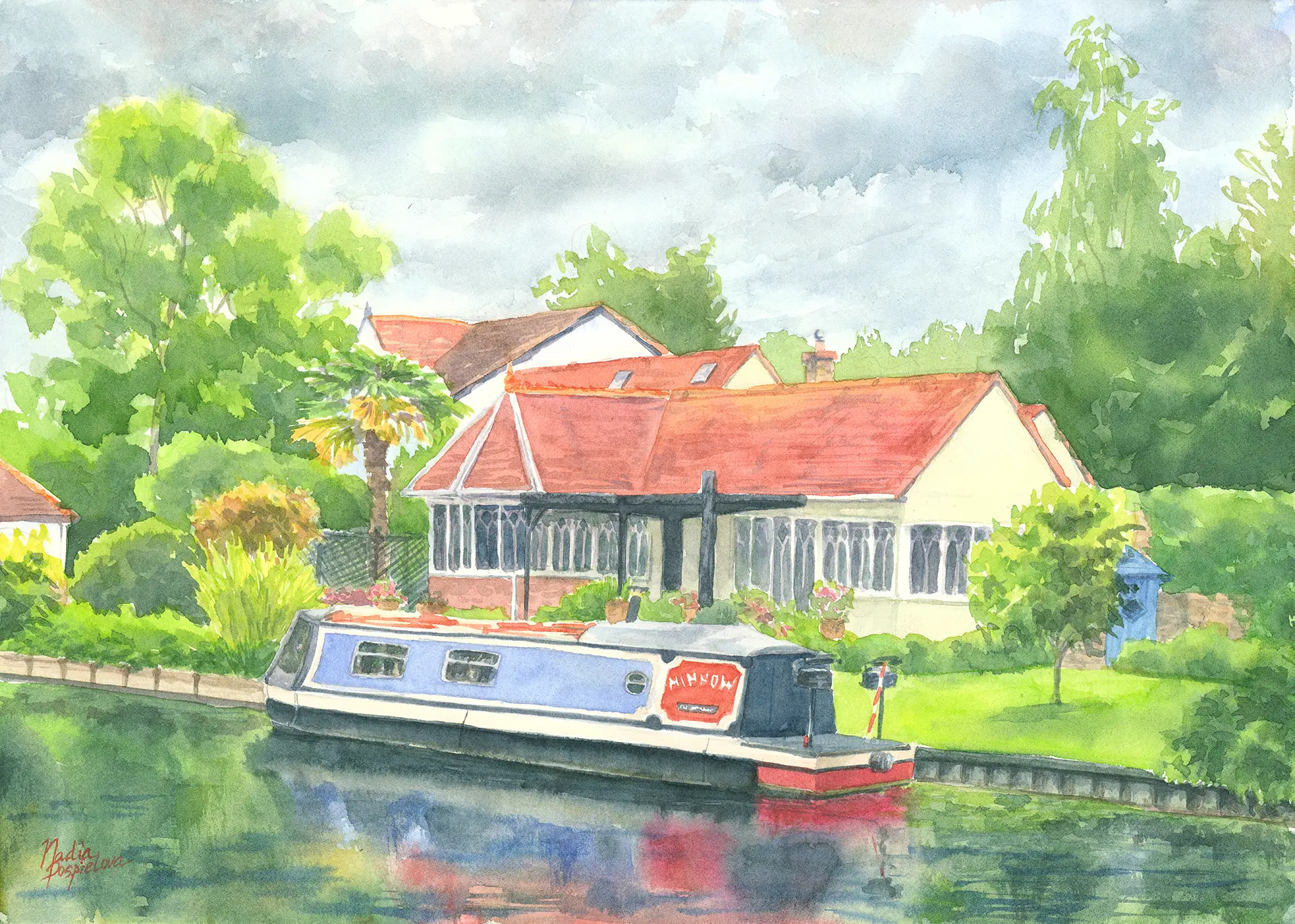 A red-roofed cottage on the Colne with a moored narrowboat at the bank, summer trees lush overhead and a heavy cloud rolling in across the canal.