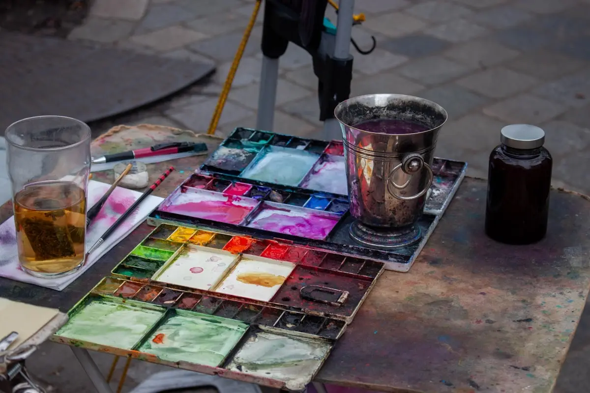 Watercolour materials and workspace